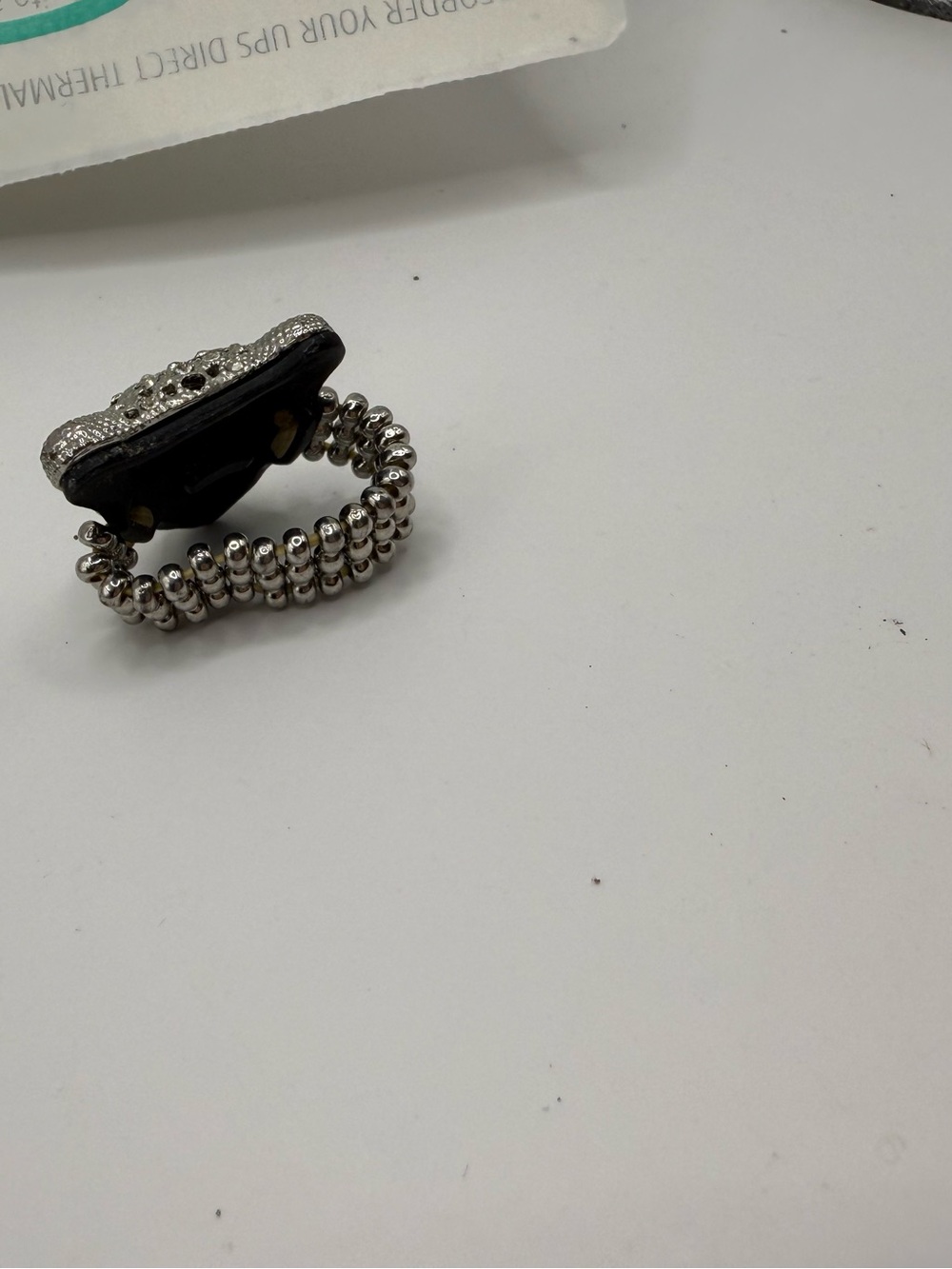 Silver Beaded Stretch Ring with Black Stone Accent